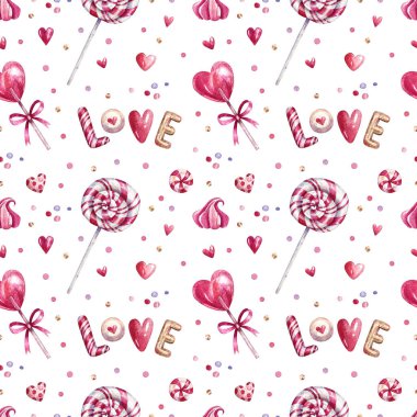 Pink watercolor seamless pattern with hearts, candies and lettering. Lettering love. Hand-drawn backdrop for Valentine's Day, wedding or other romantic event.