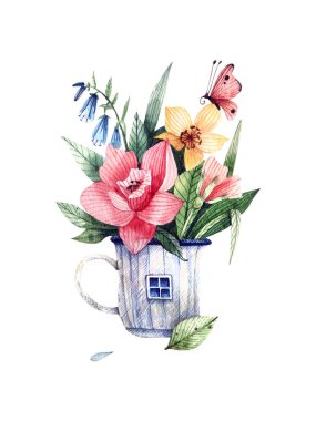 Watercolor illustration hand-drawn cup with a bouquet of flowers. Cup with a window and flowers - hand-drawn floral illustration.