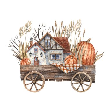 Watercolor illustration of a wooden cart with pumpkins, dry herbs, branches and a farmhouse with a tiled roof. Illustration isolated on white background in vintage style.