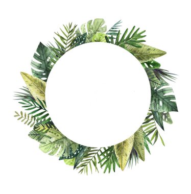 Renkli tropik yapraklardan oluşan suluboya çerçeve. Davetiyeler, tebrik kartları ve duvar kağıtları tasarlamak için orman kavramı.