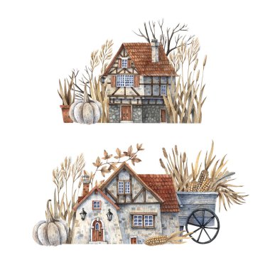 atercolor hand painted rural house set. Illustration isolated on white background. Old houses in an autumn landscape with pumpkins and ears of corn