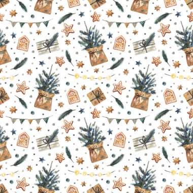 Watercolor hand painted seamless pattern with Christmas illustrations. Festive elements: fir branches, garlands, gifts, Christmas gingerbread, confetti, stars.