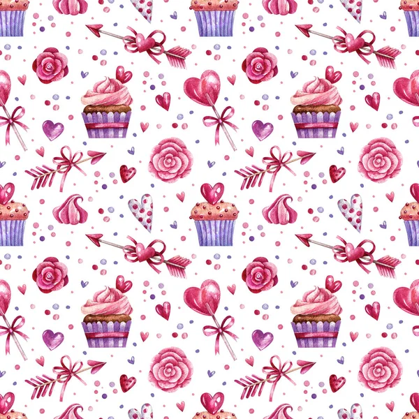 Watercolor Seamless Pattern Sweets Hearts — Stock Photo, Image
