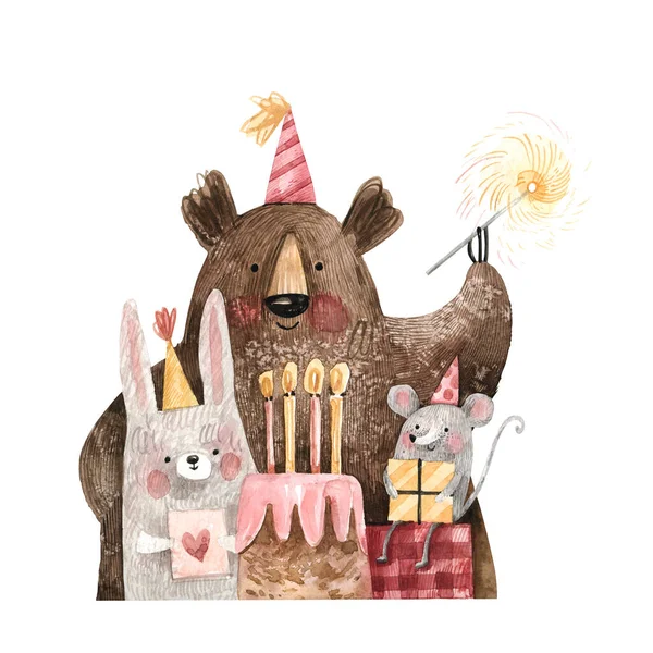 Cheerful Teddy Bear Mouse Bunny Festive Caps Cake Gifts Wish — Stok fotoğraf