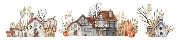 Collection Vintage Style Watercolor Illustrations Rural European Houses Half Timbered — Φωτογραφία Αρχείου