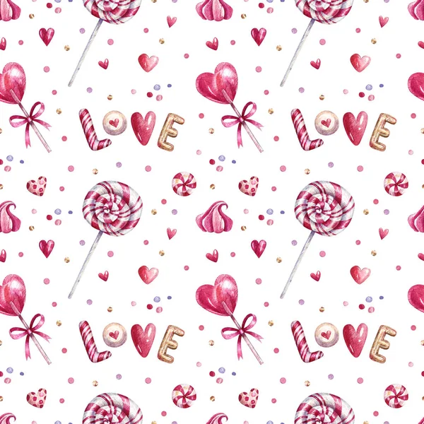 Pink Watercolor Seamless Pattern Hearts Candies Lettering Lettering Love Hand — Fotografia de Stock
