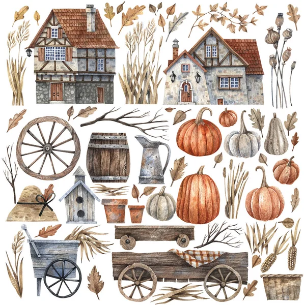 Collection Vintage Rural Houses Garden Elements Pumpkins Dry Herbs Painted — Stock Photo, Image