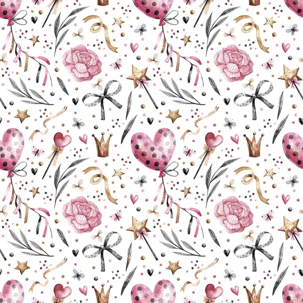 Pink and gold Valentines Day background. Seamless pattern with watercolor flowers, leaves, hearts and balloons. Hand-drawn pattern. Pattern for creating fabric, wrapping paper, wallpaper and more.