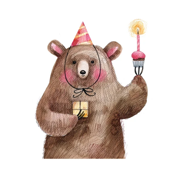 Cute bear with a cake and a gift in a festive cap wishes happy birthday. Hand-drawn watercolor illustration isolated on white background.