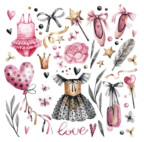 Set of little ballerinas watercolor illustration. Pink and gold dress, pointe shoes, flowers, butterflies, ribbons and other hand-drawn elements.