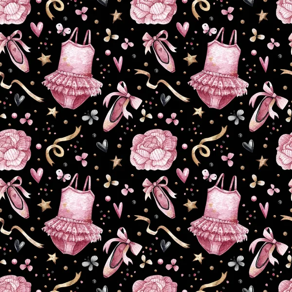Watercolor pattern with pink dresses, pointe shoes. Hand-drawn seamless pattern. Party for girls, little ballerina.