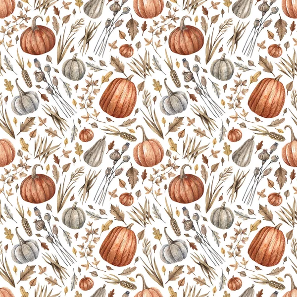 Seamless pattern with autumn herbs, ripe pumpkins, corn and other autumn plants painted in watercolor. Autumn background in vintage style hand-drawn.