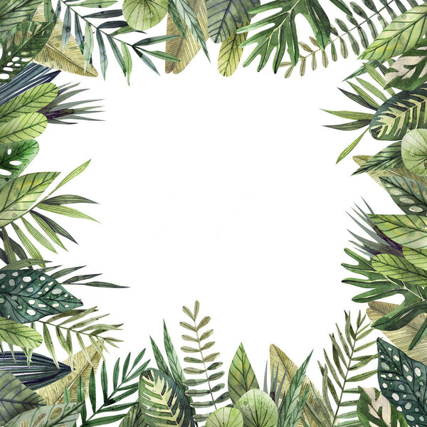 Watercolor frame of colorful tropical leaves. Concept of the jungle for the design of invitations, greeting cards and wallpapers.