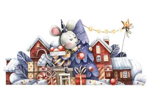 Christmas Illustration Gifts Snowy Houses Mouse Decorating Christmas Tree Hand — Photo