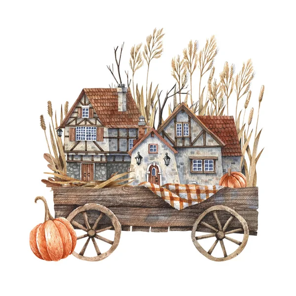Wooden Cart Pumpkins Autumn Herbs Rural European House Painted Watercolor — Stok fotoğraf