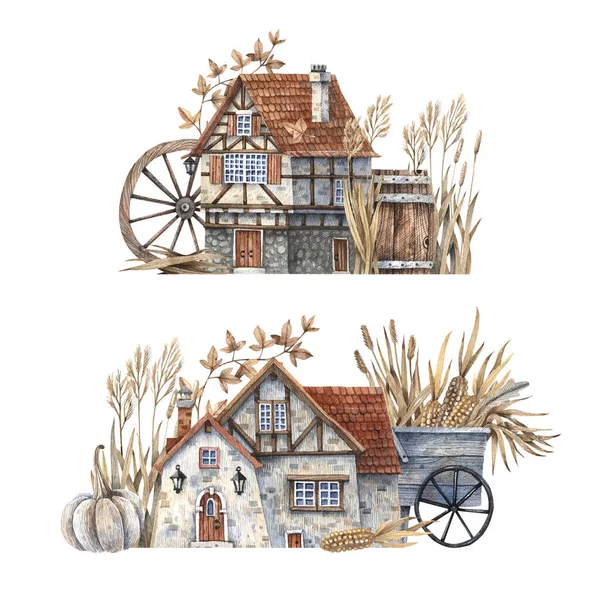 Set Watercolor Illustrations Rustic Motifs Rural House Wooden Door Ceramic — 图库照片