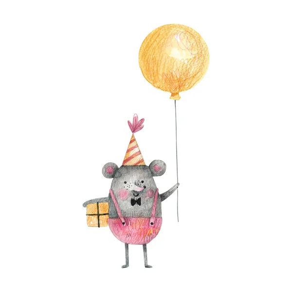 Cute mouse in a festive cap with a balloon and a gift wishes happy birthday. Freehand watercolor illustration isolated on white background.