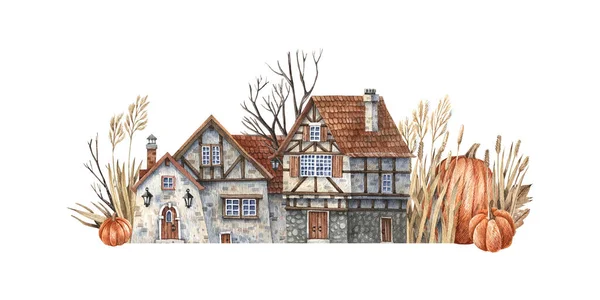 Watercolor illustration of old European houses with wooden windows and doors, a tiled roof surrounded by pumpkins, autumn grasses and tree branches. Illustration isolated on a white background