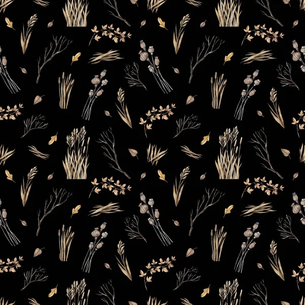 Watercolor Seamless Pattern Dry Leaves Herbs Vintage Style Black Poppies — Zdjęcie stockowe