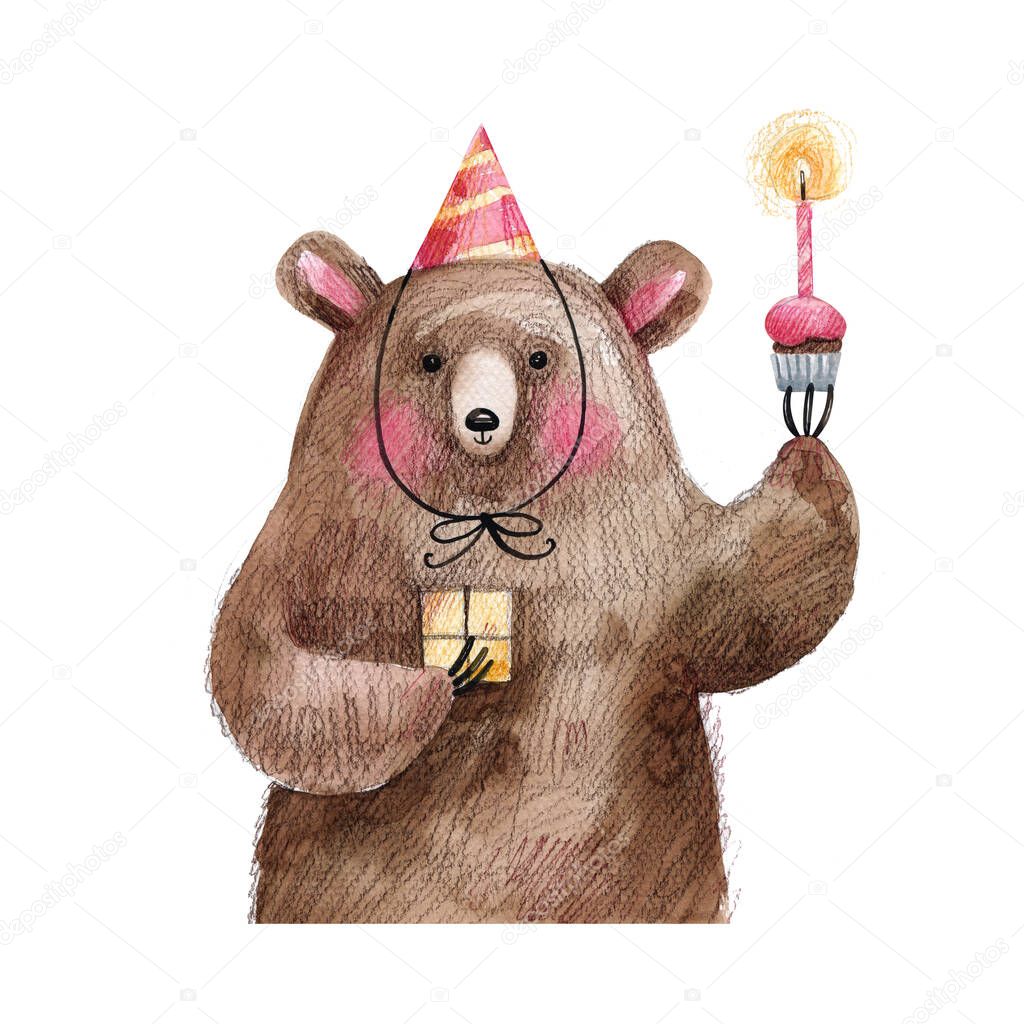 Cute bear with a cake and a gift in a festive cap wishes happy birthday. Hand-drawn watercolor illustration isolated on white background.