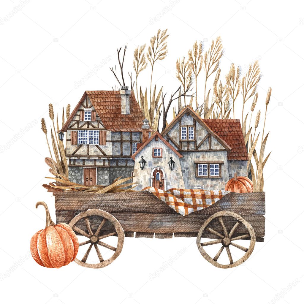 Wooden cart with pumpkins, autumn herbs, rural European house painted in watercolor. Autumn illustration, harvest, farming, October.