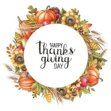 Watercolor round frame with autumn leaves, sunflowers, pumpkins, ripe fruits and pumpkin pies. Thanksgiving, harvest day template for holiday cards, banners, decor.