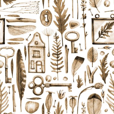 Vintage style seamless pattern with antiques and natural elements. Bird feathers, dried flowers, meadow grasses, keys, pebbles, ceramic house, dragonfly wing and other objects seamless background.