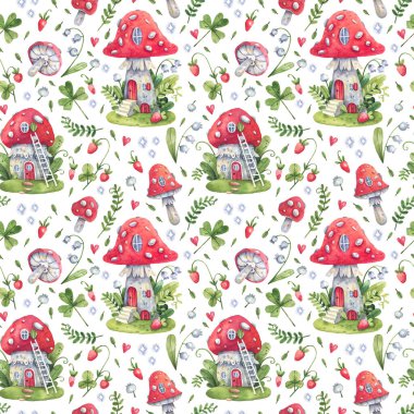 Cartoon, forest seamless pattern with fly agaric houses, mushrooms, forest herbs, insects and snails. Watercolor fairy tale illustration background. Amanita, forest houses, strawberry kid background.