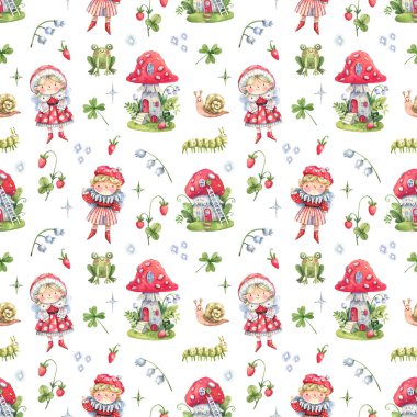 Cartoon, watercolor seamless background with fly agaric houses, fairy elves, frogs and forest plants. Seamless pattern with watercolor forest illustrations in cartoon style.