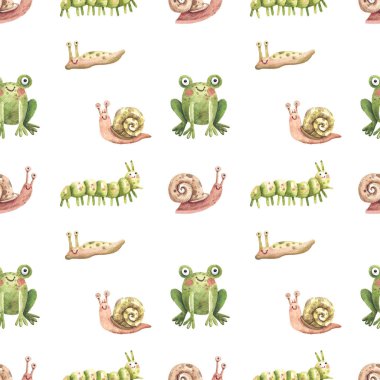 Cute cartoon pattern with forest insects, slugs, snails and frogs. Seamless background with forest insects and amphibians in kids style. Watercolor illustration.