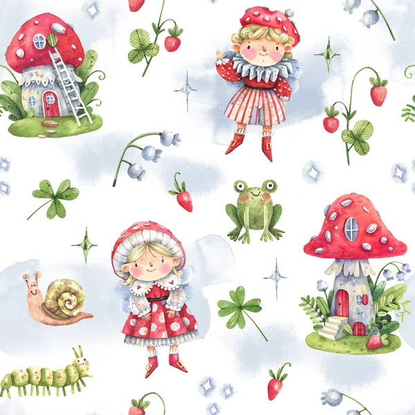 Cute Cartoon Seamless Background Fly Agaric Houses Elves Fly Agaric — стокове фото