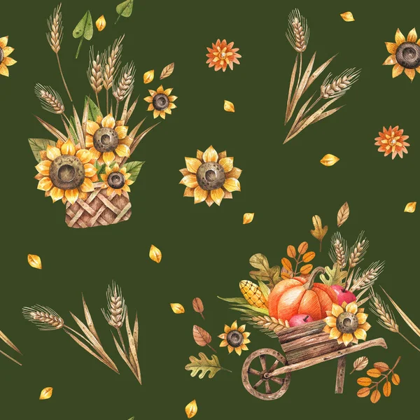 Harvest holiday, Thanksgiving day seamless pattern with sunflowers, pumpkins, ears of corn, cart of vegetables on a green background. Watercolor seamless autumn background in vintage style.