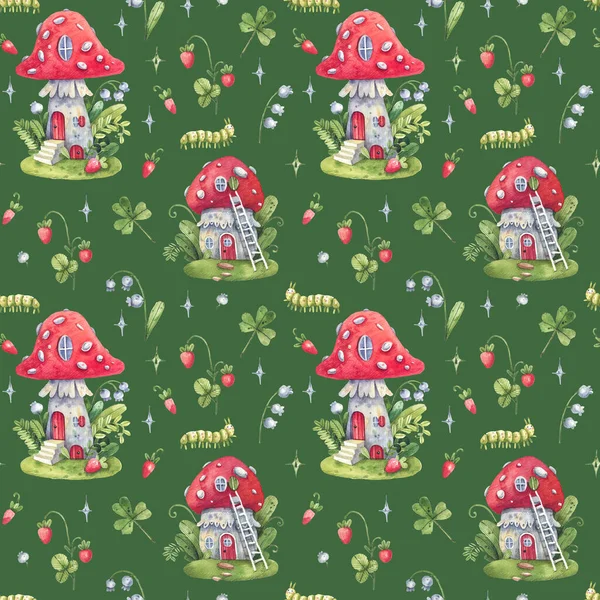 Fabulous, watercolor background with fly agaric forest houses, mushrooms, strawberries, lilies of the valley and a cheerful caterpillar. Seamless cartoon pattern with amanita houses and forest plants on a green background.