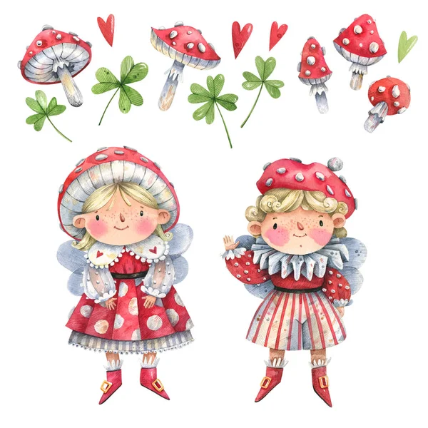 Cute Cartoon Characters Fly Agaric Costumes Clover Leaves Fly Agaric — Stok fotoğraf