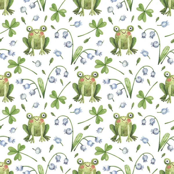 Cute Watercolor Pattern Frog Lilies Valley Blue Background Watercolor Illustration — Fotografia de Stock