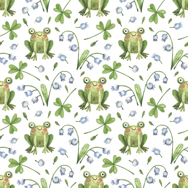 Cute, watercolor pattern with a frog and lilies of the valley on a blue background. Watercolor illustration of a seamless pattern in a cartoon style. Forest plants and frogs kids background.