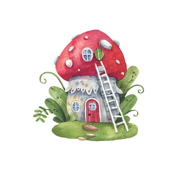 Cartoon Fly Agaric House Flowers Forest Herbs Hand Drawn Watercolor — Zdjęcie stockowe