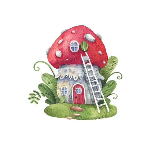 Cartoon fly agaric house with flowers, forest herbs hand drawn in watercolor. Fairy house mushroom watercolor illustration.