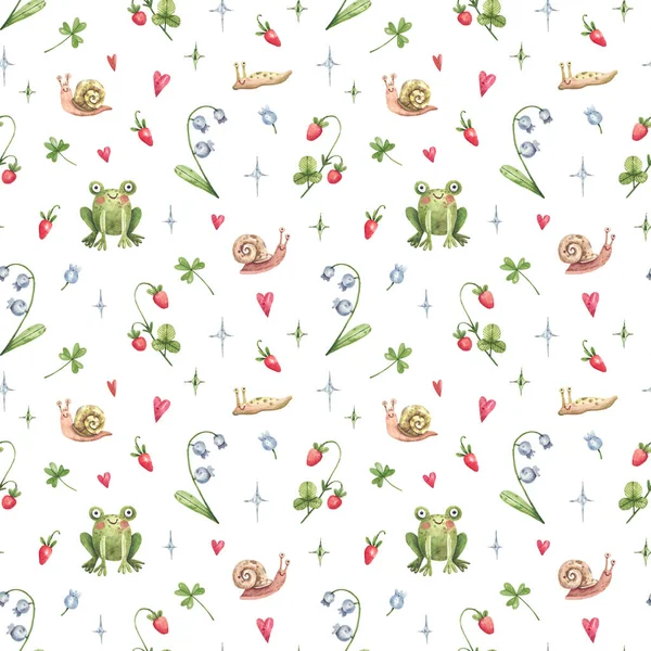 Watercolor, cartoon background with forest frogs, snails, flowers and berries. Seamless pattern with cute frogs, wild strawberries and lilies of the valley in kids style. Texture for fabrics, textiles, wallpapers.