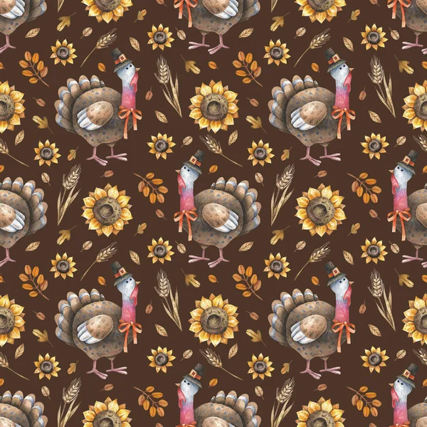 Seamless watercolor background with sunflowers, turkeys and autumn leaves. Thanksgiving day seamless pattern in vintage style