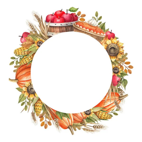 Harvest day, thanksgiving day watercolor floral wreath with sunflowers, pumpkins, ripe apples, pumpkin pies, autumn leaves and flowers. Template for creating postcards, holiday flyers, advertisements