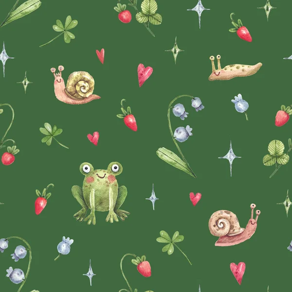 Cute Forest Seamless Background Frog Snails Forest Plants Cartoon Style — Zdjęcie stockowe