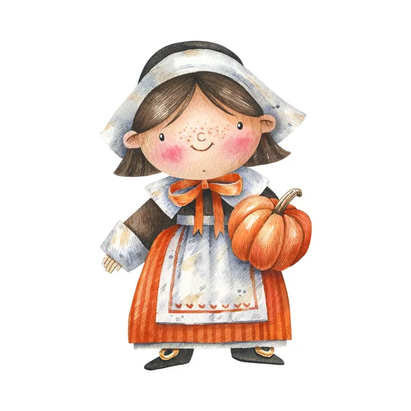 Cute Girl Pilgrim Costume Pumpkin Her Hands Watercolor Illustration Cartoon — Zdjęcie stockowe