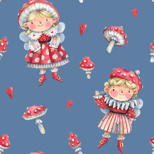 Cute, cartoon watercolor pattern with fly agaric mushrooms and fly agaric elf characters. Kid style seamless background with watercolor fairy tale illustrations.