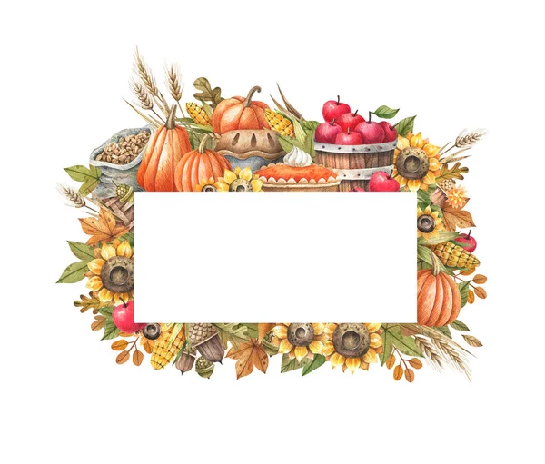 Harvest Day Thanksgiving Day Watercolor Frame Sunflowers Pumpkins Ripe Apples —  Fotos de Stock