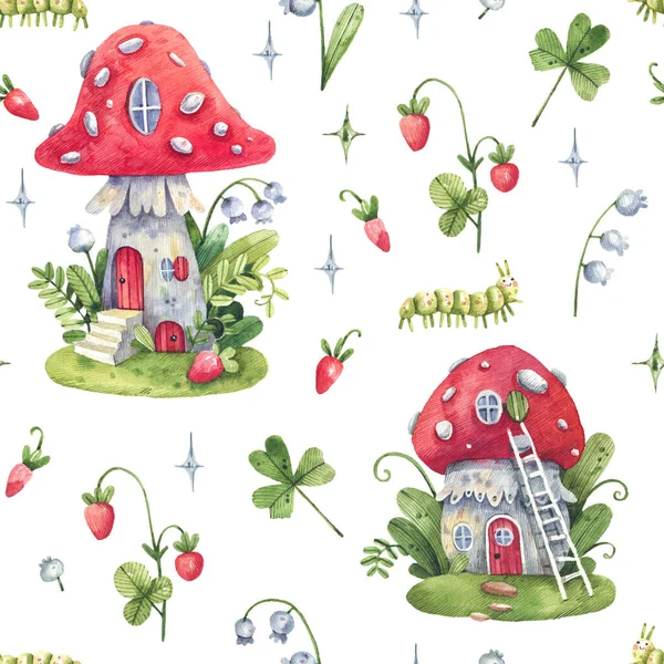 Cute forest background with fabulous fly agaric houses, wild strawberries, lilies of the valley and a cheerful caterpillar. Watercolor illustrations of a seamless pattern for kid\'s purpose