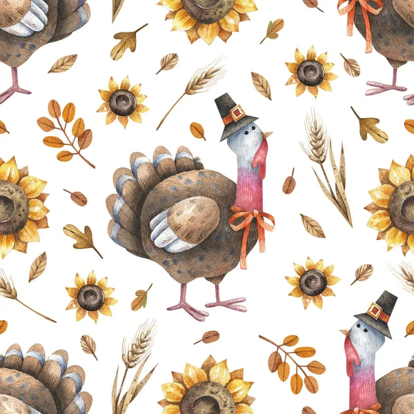 Thanksgiving Day Cartoon Background Turkey Pilgrim Hat Sunflowers Autumn Leaves — Φωτογραφία Αρχείου