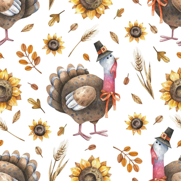 Thanksgiving day cartoon background with turkey in pilgrim hat, sunflowers and autumn leaves. Cute seamless pattern with autumn flowers and leaves, turkey and ears of wheat. Watercolor illustration.