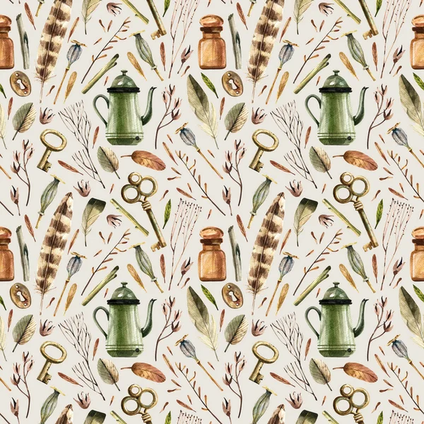 Antiquities Natural Objects Seamless Watercolor Pattern Vintage Style Dry Flowers — Φωτογραφία Αρχείου