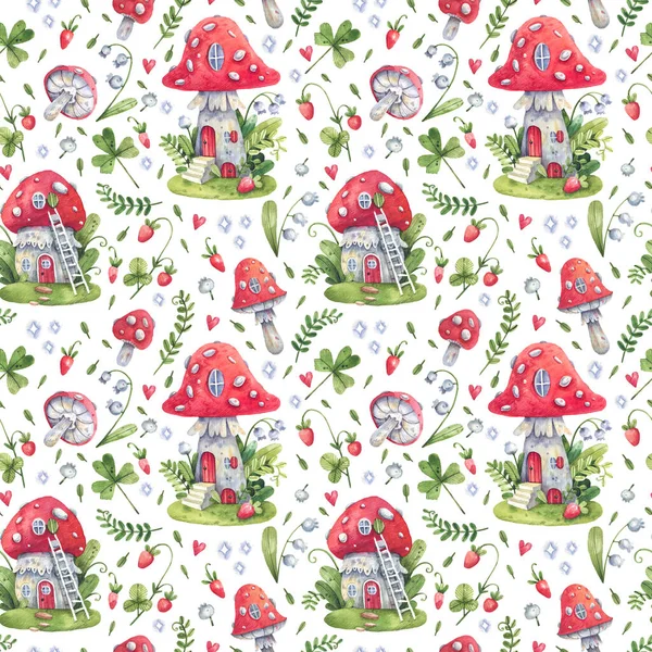 Cartoon, forest seamless pattern with fly agaric houses, mushrooms, forest herbs, insects and snails. Watercolor fairy tale illustration background. Amanita, forest houses, strawberry kid background.